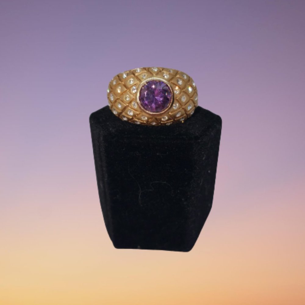 BEAUTIFUL!! Simulated Amethyst & Clear Gemstone Gold Tone Ring Size 8